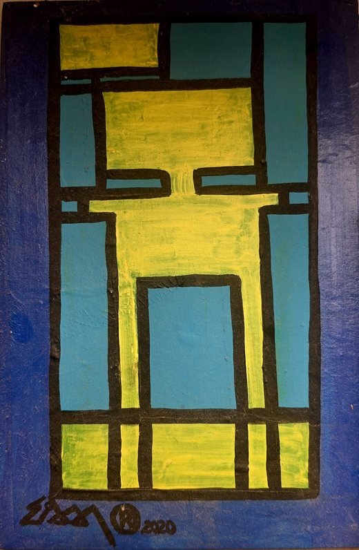 Figura geométrica de rectángulos amarillos y azules con contorno negro, sobre fondo azul intenso.