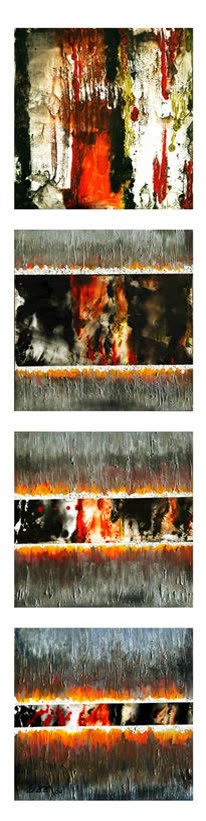 Cuatro módulos verticales en negro, gris y rojo fuego.