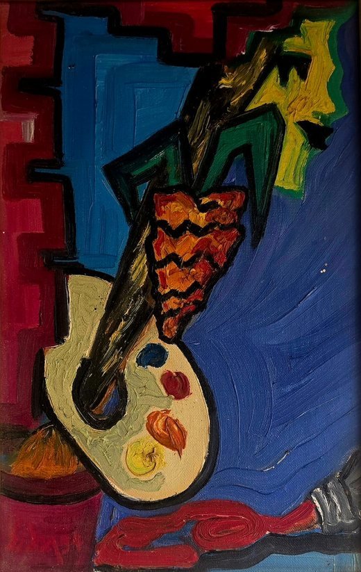 Paleta de pintor atravesada por un pincel y una zanahoria, sobre fondos azules y rojos, al óleo.