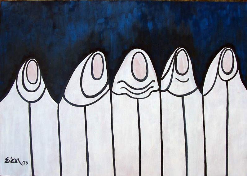 Cinco figuras veladas de blanco, en fila, sobre un fondo azul oscuro.